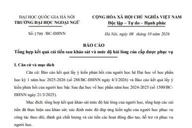 Báo cáo tổng hợp kết quả cải tiến sau khảo sát và mức độ hài lòng của cấp được phục vụ