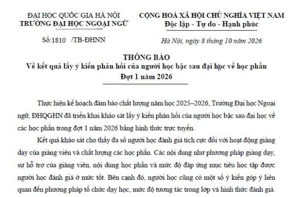 Thông báo về kết quả lấy ý kiến phản hồi của người học bậc sau đại học về học phầnĐợt 1 năm 2026