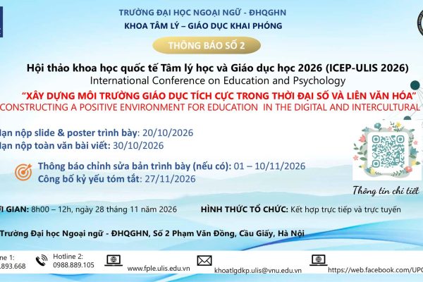 Thông báo số 2 về Hội thảo khoa học quốc tế về Tâm lý học và Giáo dục học năm 2026